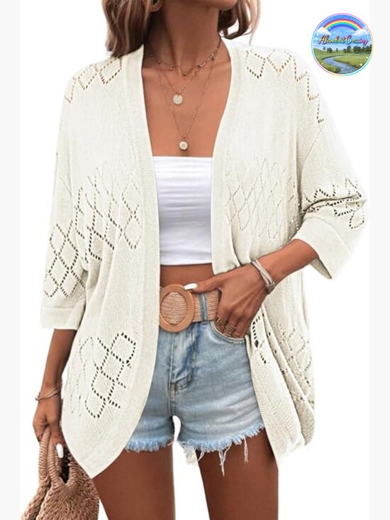 Sweaters - Lightweight Crochet Cardigan Sweater Open Front 3/4 Sleeve Boho Cover Up